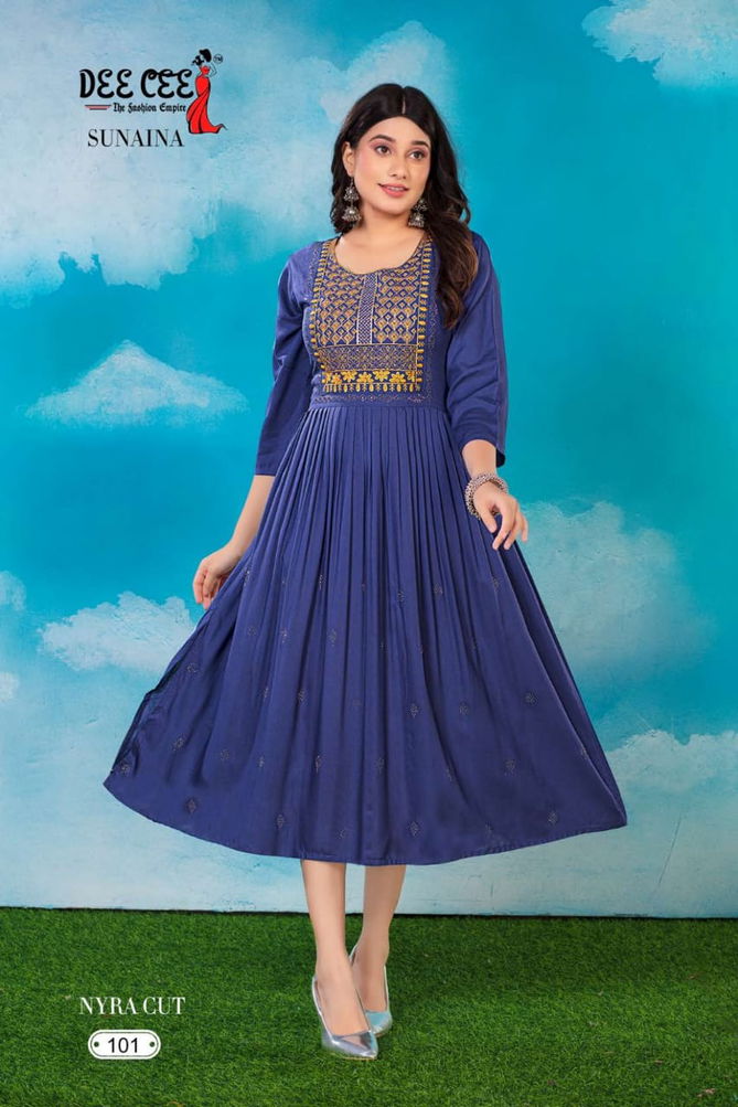 Sunaina By Deecee Rayon Naira Cut Embroidery Kurtis Catalog